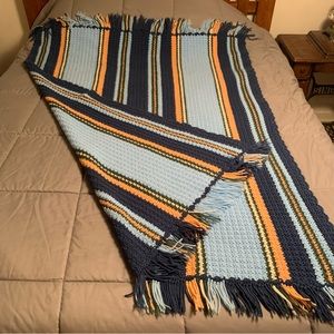 Hand crocheted 62/48inch AFGHAN blue/peach color scalloped& tasseled edge